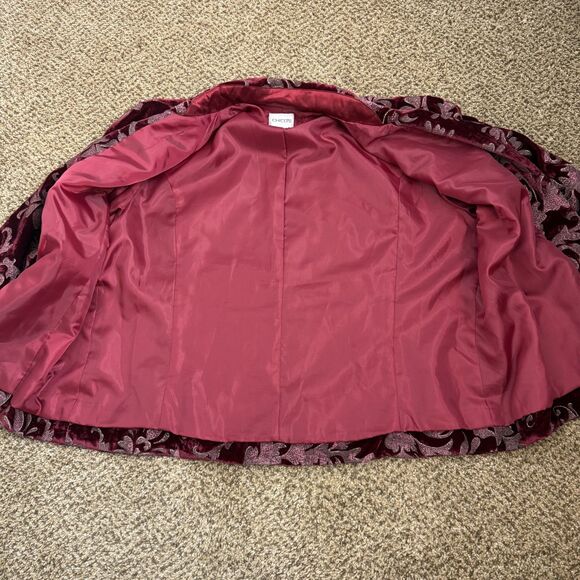 Chico's 2 Burgundy Velour Shimmer Filigree Button Blazer Pockets Lined Christmas - Picture 9 of 10